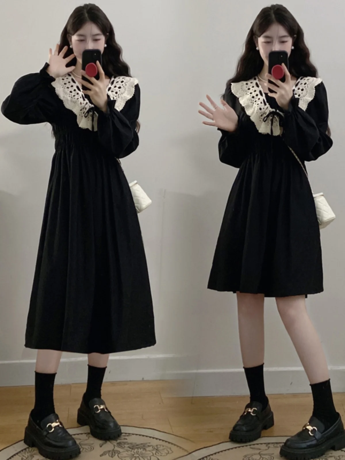 

Vintage Large Size Women's Dress Black Slimming Waist Gingham Collar Anti-Aging Spring New Style A-Line Midi Dress