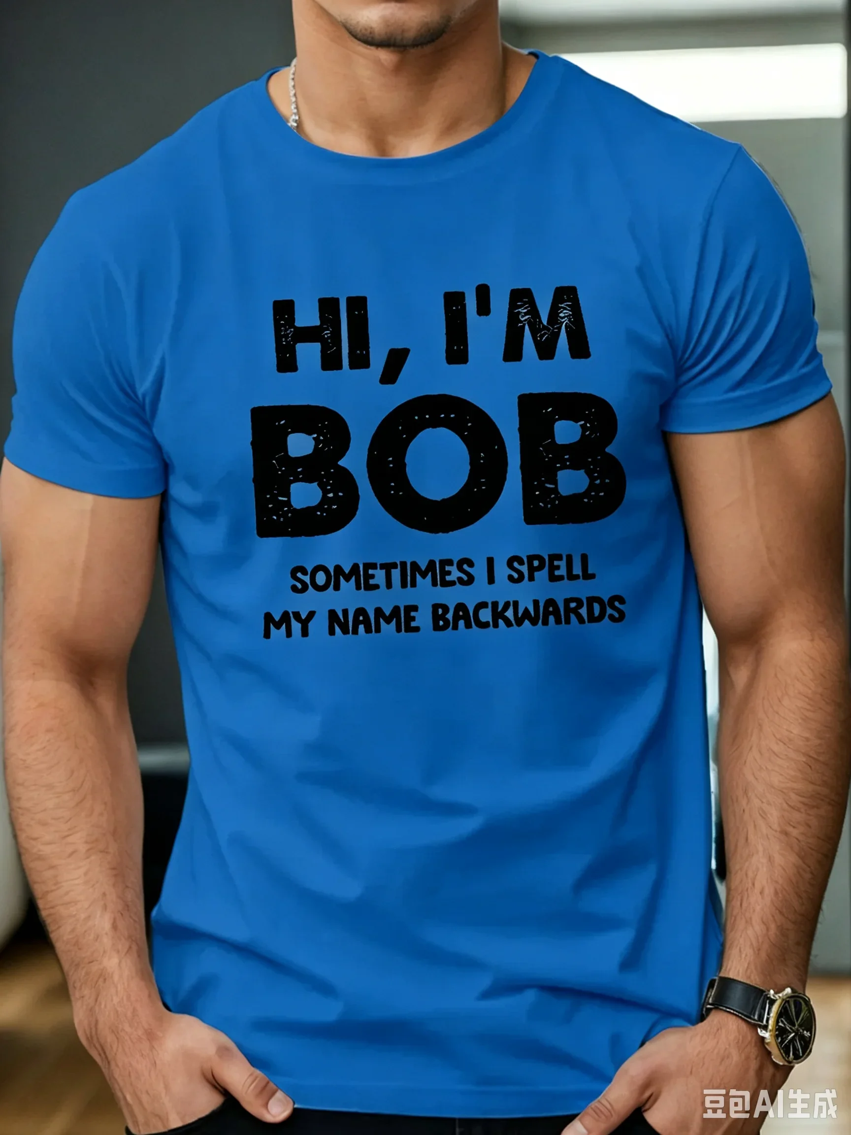 Fashion Men's Hi I'm Bob Sometimes I Spell My Name Backwards Graphic T-Shirt Funny Quote Print Short Sleeve Casual Humor Tops