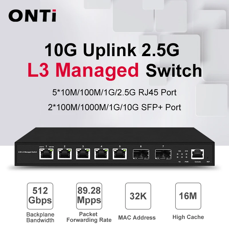 ONTi L3 Managed switch with 2*1/10G SFP+ slot ports and 5*10M/100M/1G/2.5G RJ45 ports,Switching capacity 512Gbps