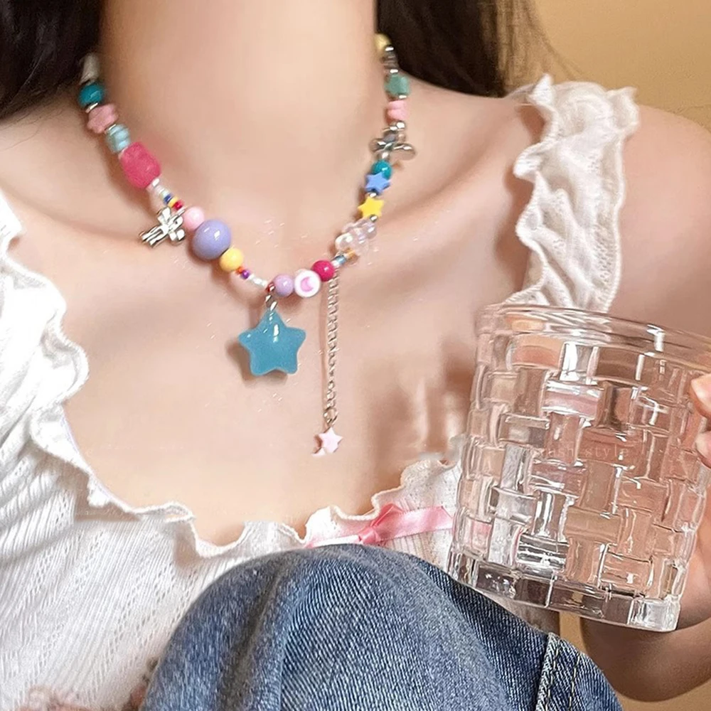 Colorful Necklace Sweet Choker Baroque Simulated Pearls Cute Flowers Colorful Hand-woven Beaded Short Clavicl Necklace For Women