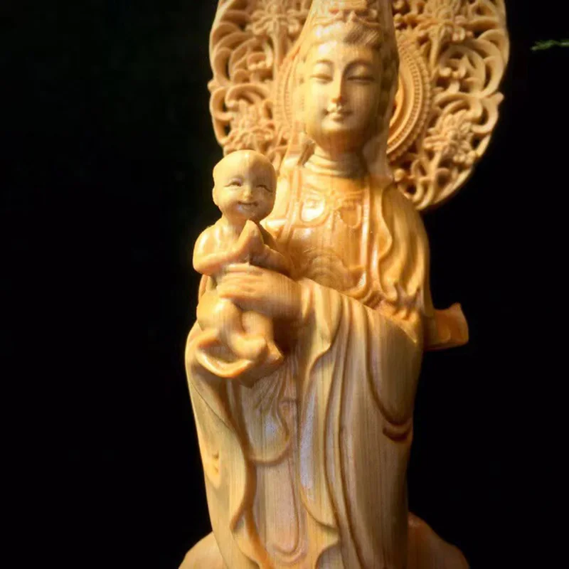 Cliff Cypress Guanyin Buddha Statue Ornaments Sending Children Solid Wood Carving Household Items Praying For Children And