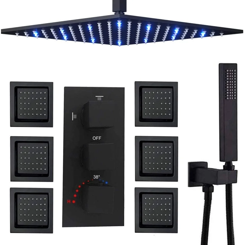 

Thermostatic Shower System 16 Inch LED Square Rainfall Shower Head With 6 PCS Body Jets Set