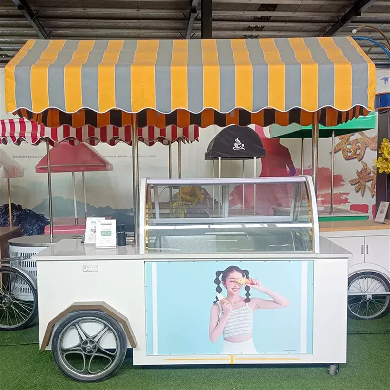 2023 Nieuwe Aangepaste Mobiele Ijs Winkelwagen Te Koop Ijslolly Ijs Vriezer Display Showcase Dessert Voedsel Winkelwagen Kiosk Met Wielen