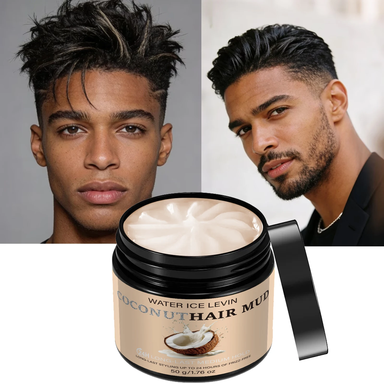Water Ice Levin Coconut Hair Mud, Pasta Estilizadora a Base de Agua con Fijación Media Fuerte de Larga Duración 24H, 50g