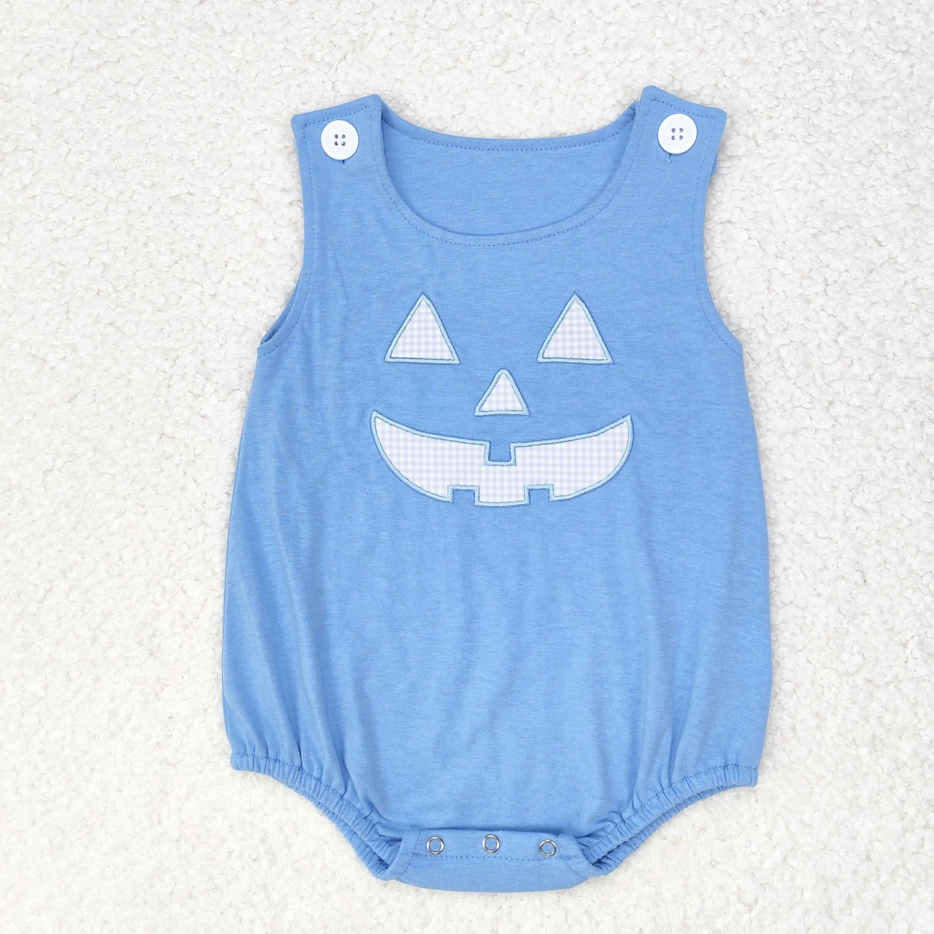 Wholesale Baby Boy Toddler Long Sleeves Plaid Shirt Embroidery Pumpkin Blue Romper Set Kids Children Halloween Outfit Clothing