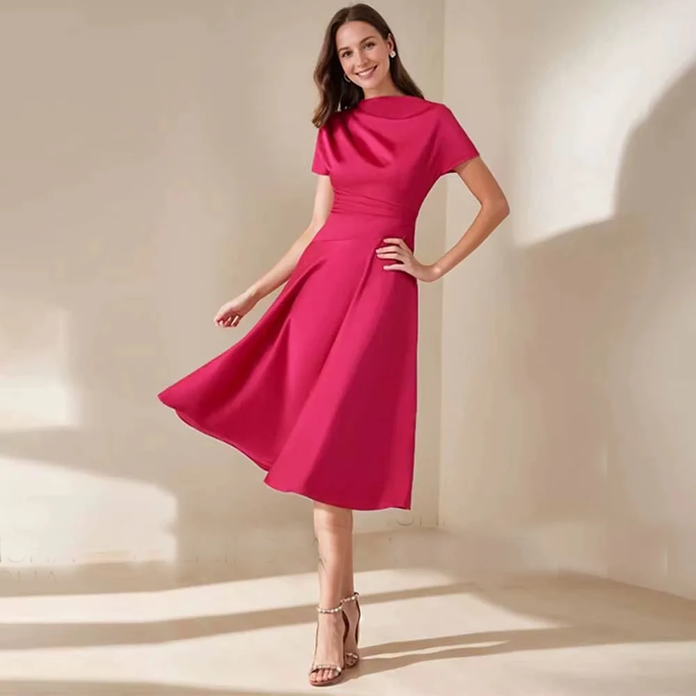 Customized Classy Wedding Guest Dresses Satin Aline Cocktail Party Dress Fuchsia ONeck Pleat Ruched Zipper Wedding Party Dresses