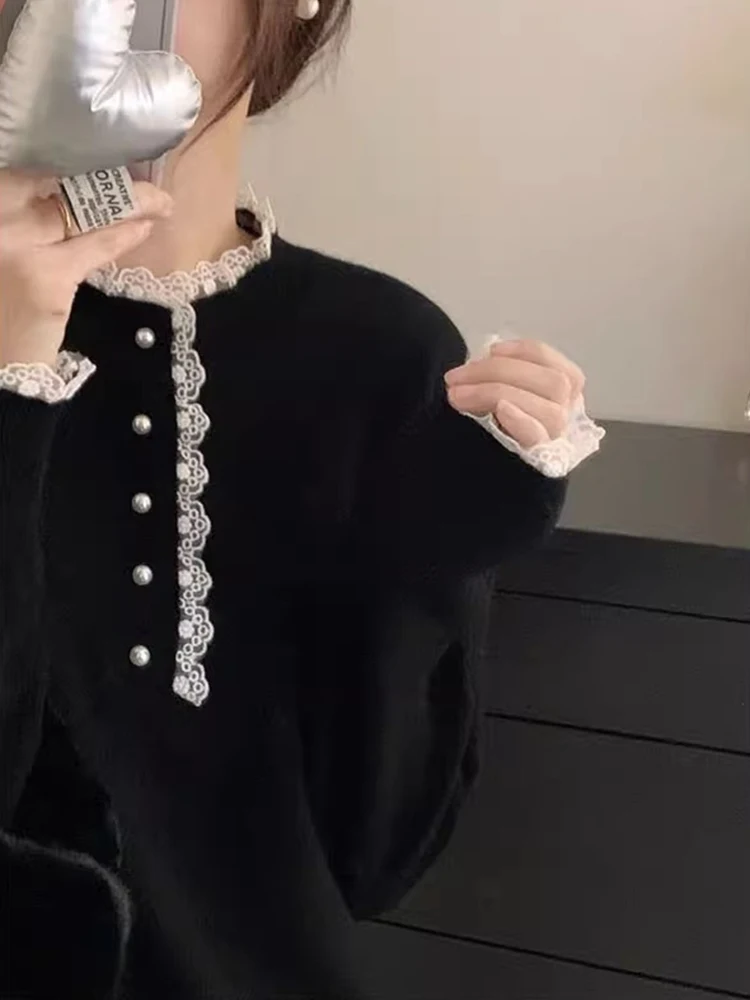 

Ele Lace Splice Knitted Sweater Comfortable Luxury Women's Crew Ne Woolen Base Layer Sweater Faionable Autumn Wear