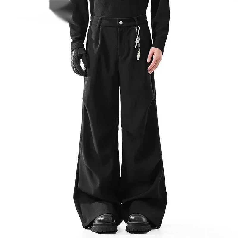 Dark Style Men's Suit Pants Solid Color Pleated Casual Cleanfit Wide Leg American Drape Straight Male Bottom Autumn 9WAAJ8