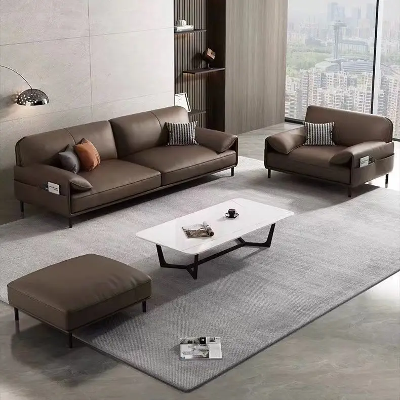 

Simple Modern Office Sofa Coffee Table Set Luxury Genuine Leather Three-Seater for Business Meeting Reception Living Room Hotel