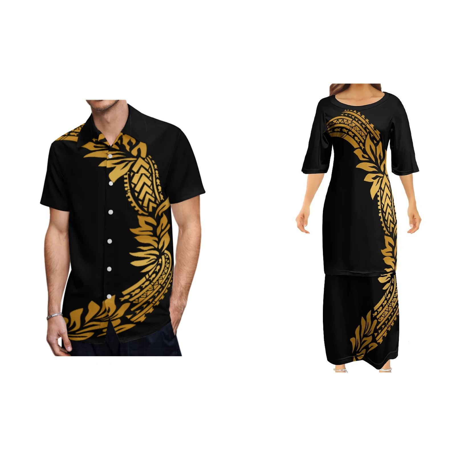 Wholesale Pacific Island Art High Quality Ulafala Puletasi Dresses Customized On Demand Polynesian Ethnic Style Couple Suit