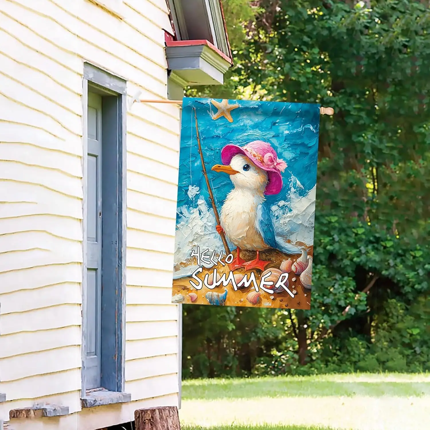 Morigins Hello Summer Garden Flag Double Sided Coastline Seagull Conch Wave Starfish Rustic Farmhouse Home Yard Lawn Outdoor EEZ