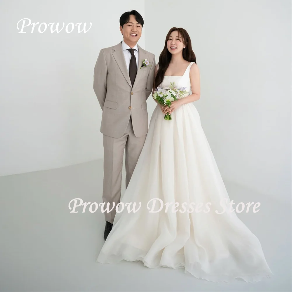 

Prowow Simple A Line Wedding Dresses Korea Photo Shoot Pleats Organza Floor Length Bridal Gown Sleeveless Corset Free Customized