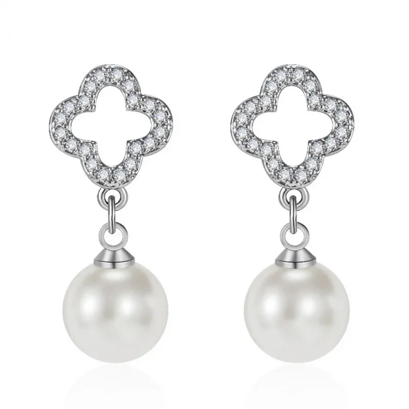 New 925 Sterling Silver Pearl Earrings Women Hollowed Fashion Four Leaf Clover Earrings Gifts Girls Women's Fine Jewelry