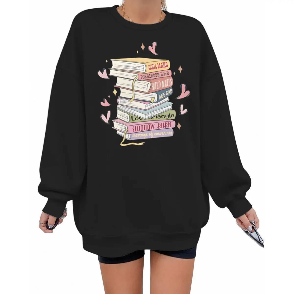 Women Romance Book Stack Sweatshirt Book Trope Soul Mates Slow Burn Reading Lover Crew Neck Long Sleeve Fall Pullover