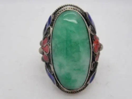 Collectible Chinese Inlay Green Jade Old Tibet Silver Cloisonne Flower Ring gift