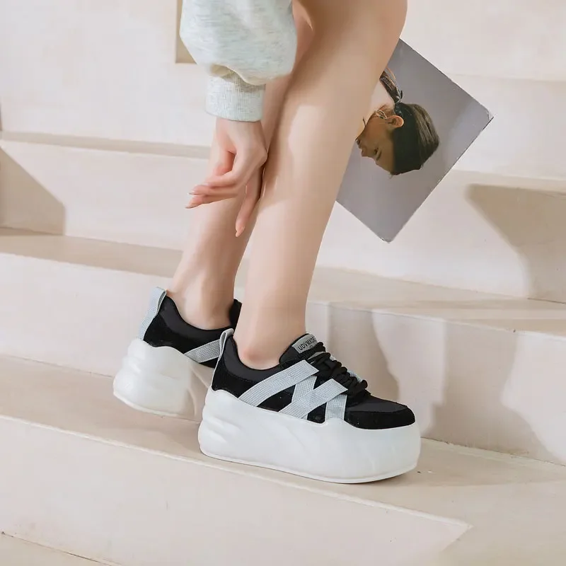 Sepatu Sneakers Chunky Platform tinggi stabil wanita sintetis 8cm Fashion musim semi musim gugur sepatu renda kulit sapi asli