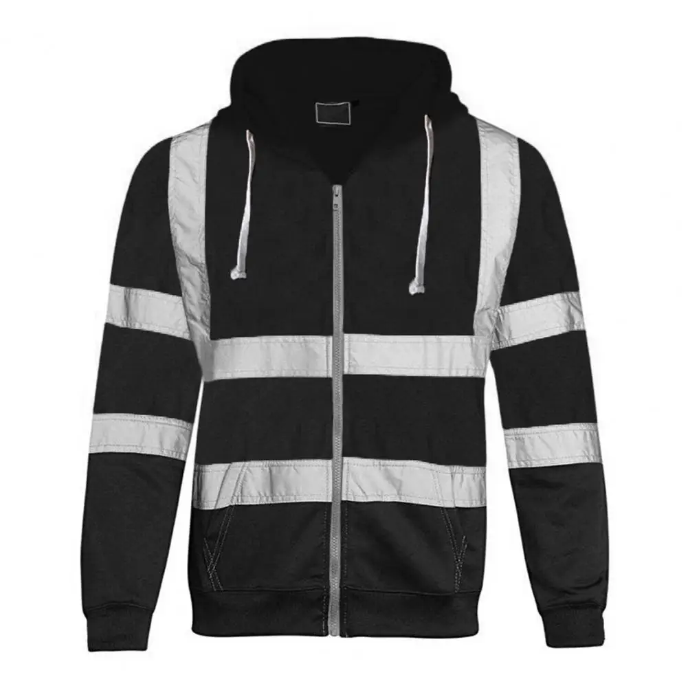 

Men Safety Reflective Sweatshirt Coat Winter Zipper Placket Striped Patchwork Drawstring Pockets Long Sleeve Hoodie Outwear