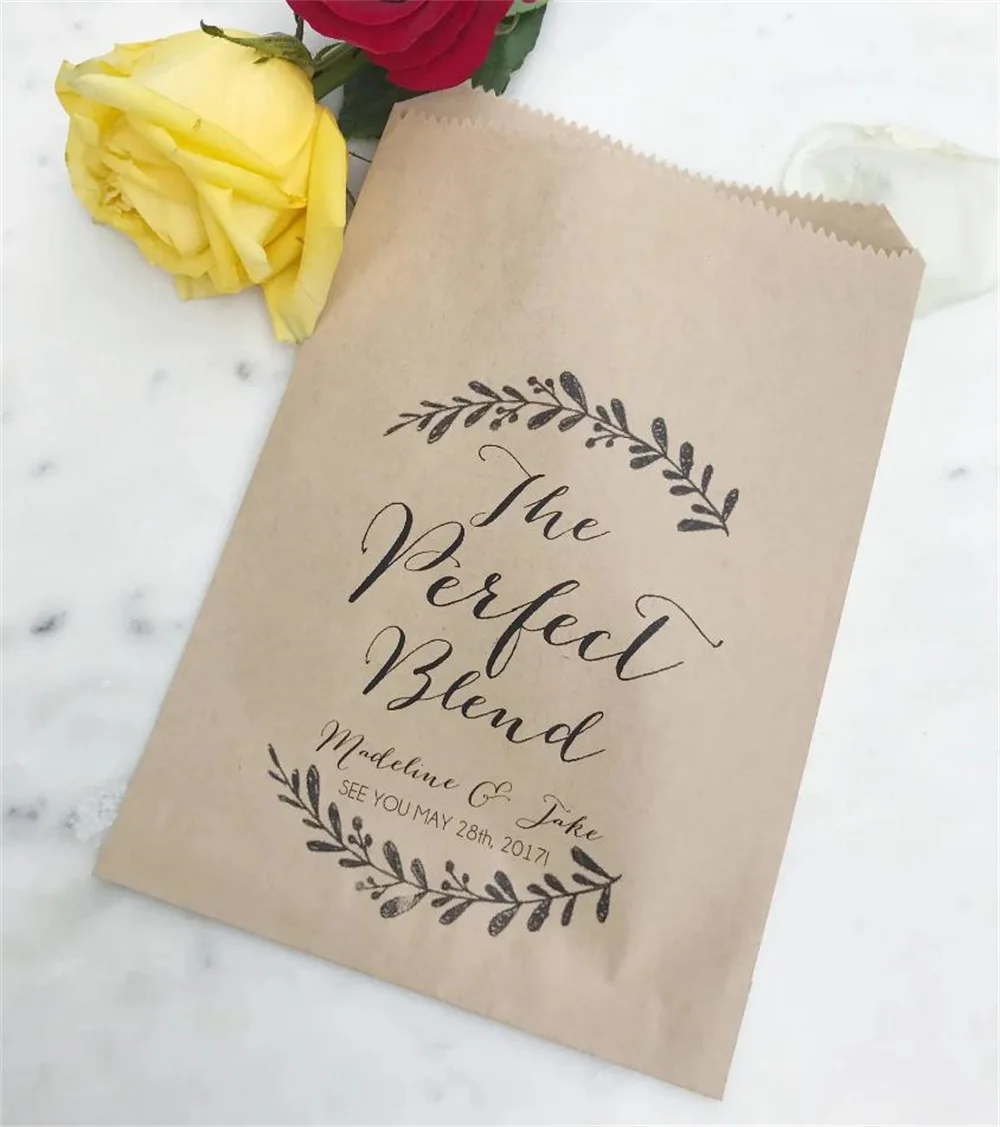 

50 Wedding Favor Bags! - The Perfect Blend - Personalized Coffee or Honey & Tea Favor Bags - Custom Printed on Kraft Brown Paper