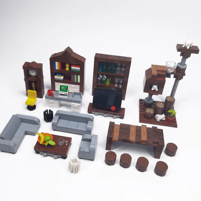 MOC-Bausteine, Möbel und Dekorationen für Wohnzimmer und Schlafzimmer – Bett, Bücherregal, Sofa, Computertisch, kleine Pflanzgefäße, Spielzeugmodelle. – Detail 6
