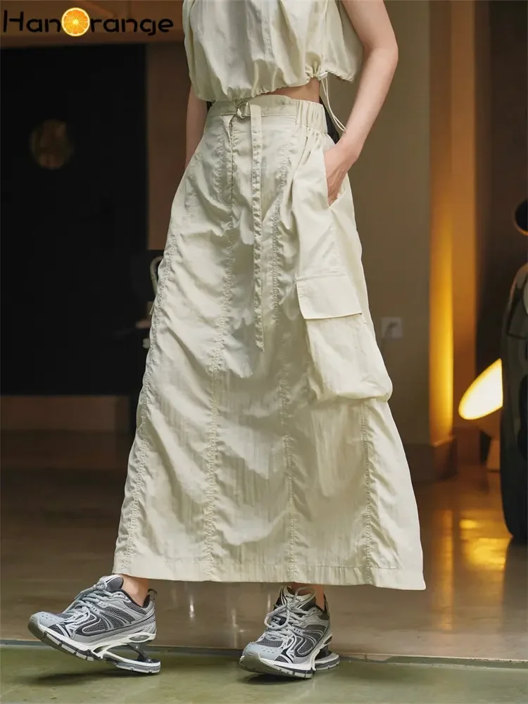 HanOrange 2026 Summer Retro 100% Nylon Cargo Skirt Half Length Loose Casual Skirt Black/Beige Apricot