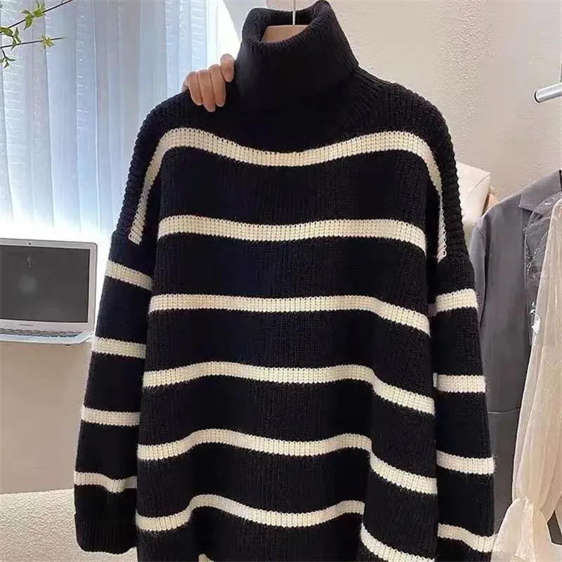 Women Sweater Turtleneck Knitted Casual Loose White Gray Brown Striped Sweater Pull Femme Autumn Spring jumper 2022