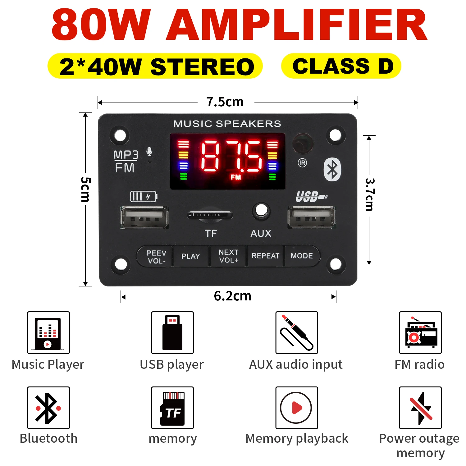 5V-24V 80W Amplifier MP3 Decoder Board Bluetooth 5.0 Wireless Audio Module Big Color Screen Call Recording TF FM Radio For Car
