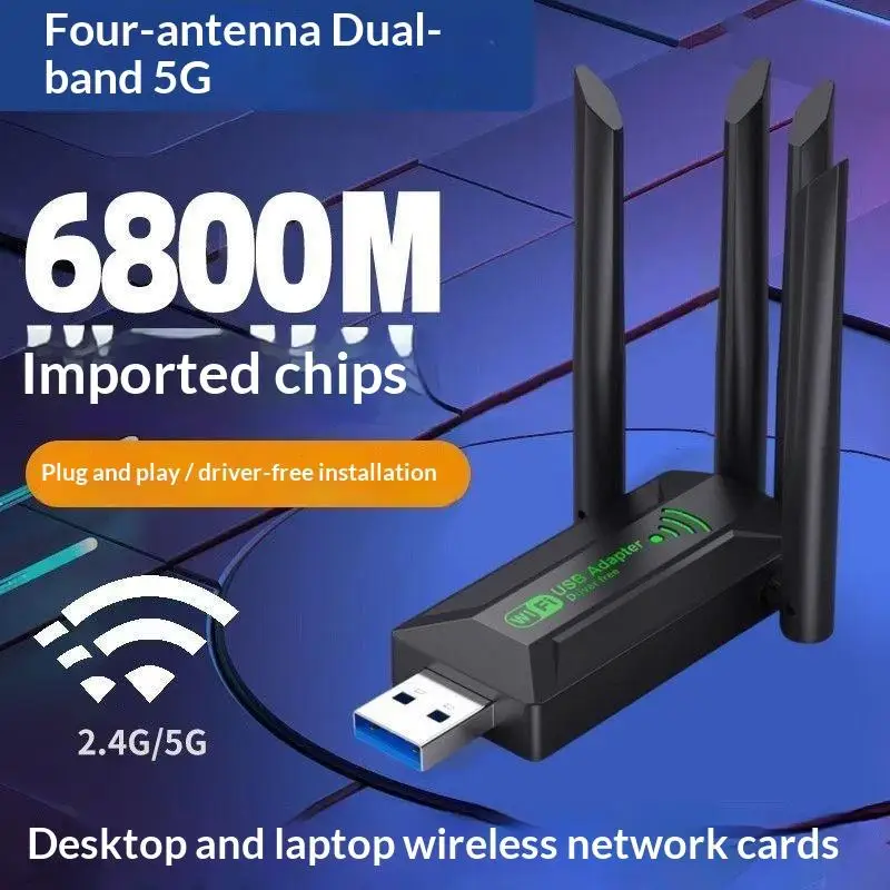 4 High-Gain Antenna WiFi USB Adapter 6800Mbps 2.4G/5G Dual Band Wireless Receiver for Gaming PC Remote Work