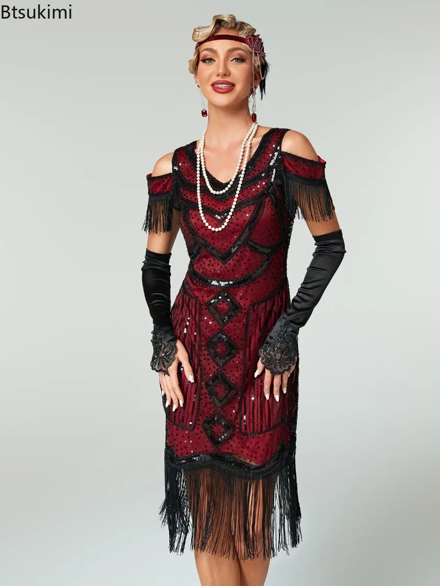 Women Sequin Fringe 1920s Party Costume Vintage V-neck Off Shoulder Beaded Dress Gatsby Dance Ball Party Cocktail Evening Dress