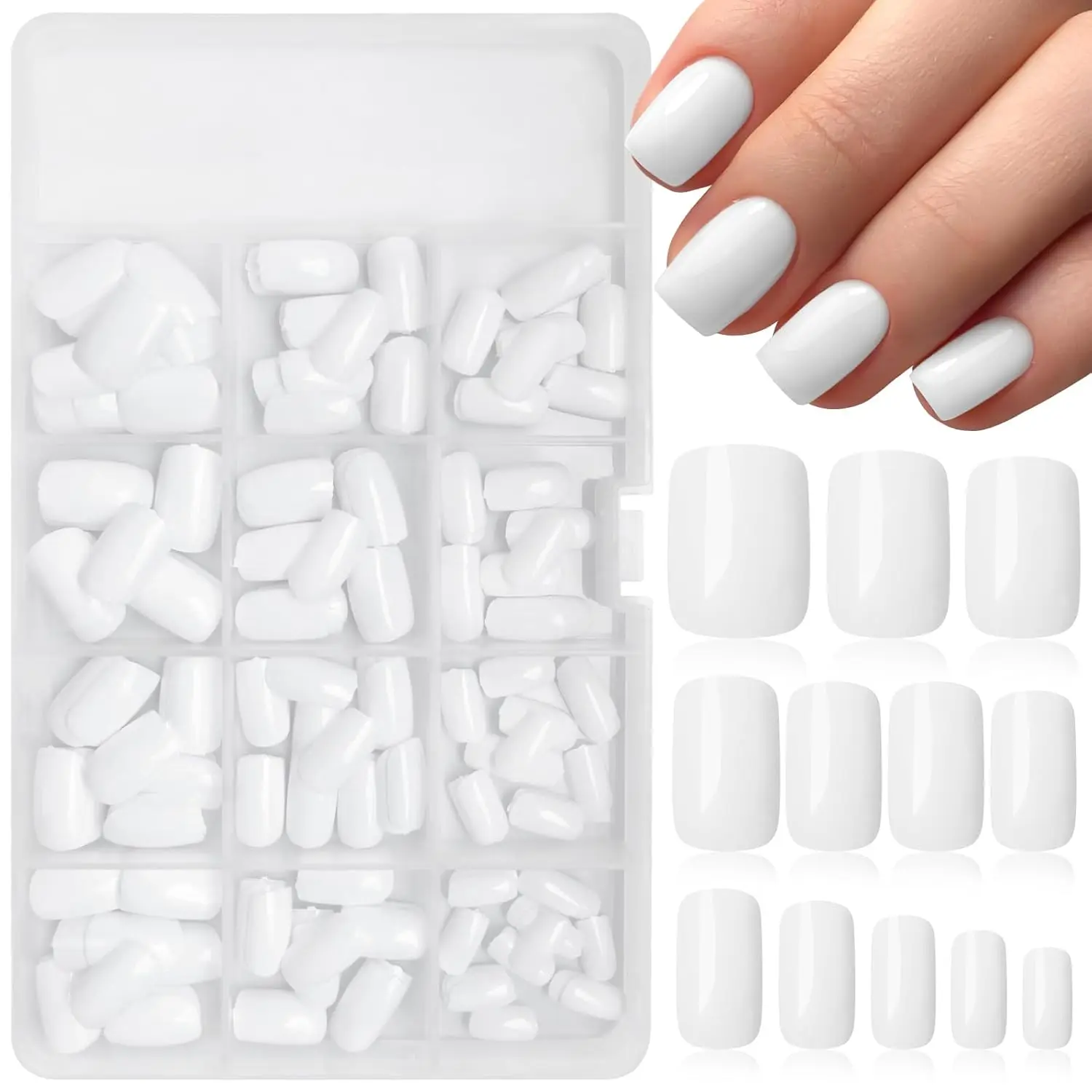 Faux ongles à pression blanc lait, 120 pièces, Gel carré moyen brillant, 10 tailles, couverture complète, décorations quotidiennes réutilisables pour les ongles