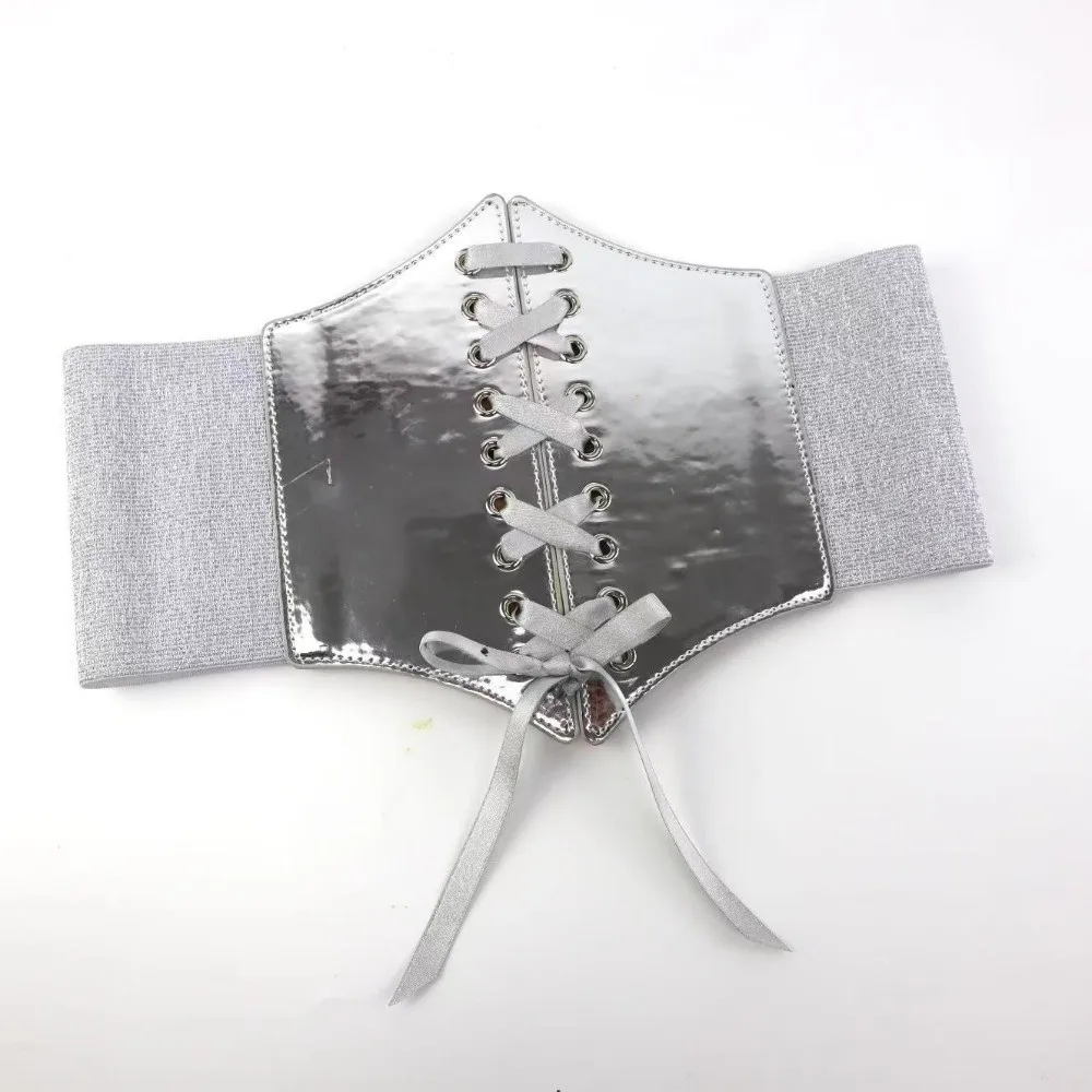 حزام خصر ريترو متعدد الاستخدامات، حزام مشد ذهبي وفضي، تصميم مرن، حزام عريض من جلد البولي يوريثان للنساء