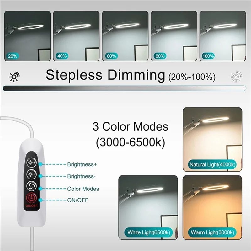 Lampa powiększająca GOOD - Metalowy wahacz, lupa - 10 poziomów jasności, 3 tryby kolorów, powiększenie 10X, soczewka o średnicy 4 cale
