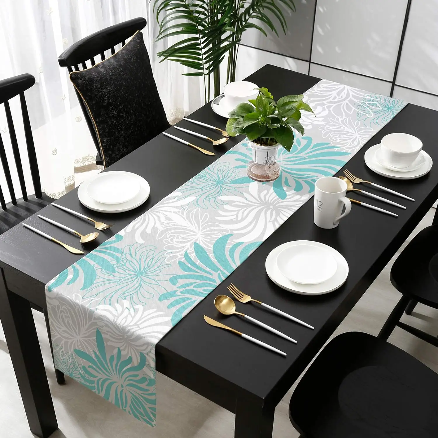 Aqua Chrysanthemum Flowers Linen Table Runners Dresser Scarves Table Runners Farmhouse Dining Table Runners Party Decorations
