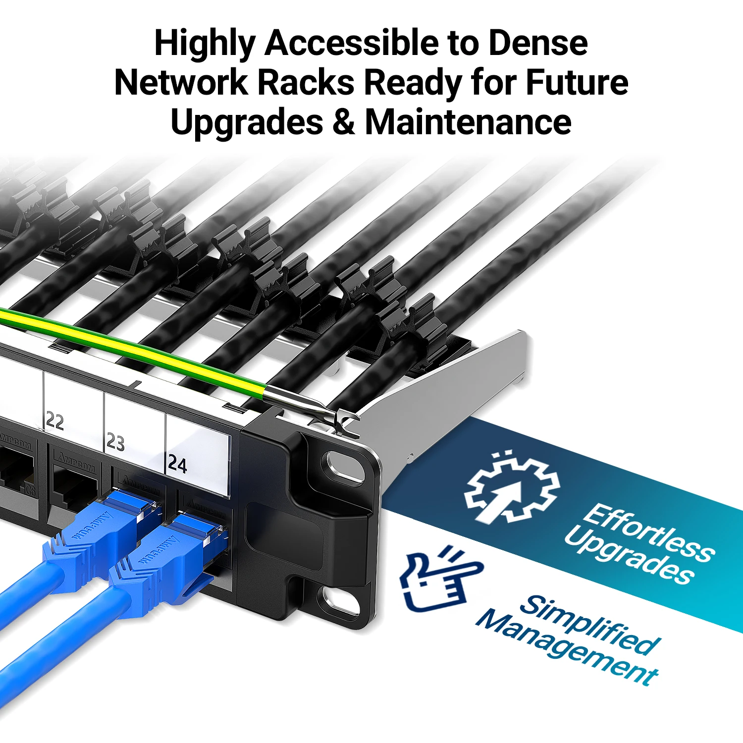AMPCOM 1U 24-poorts Keystone-patchpaneel, UTP/STP rackgemonteerd met achterkabelbeheersbalk, UTP CAT6/CAT6A Keystone-aansluiting