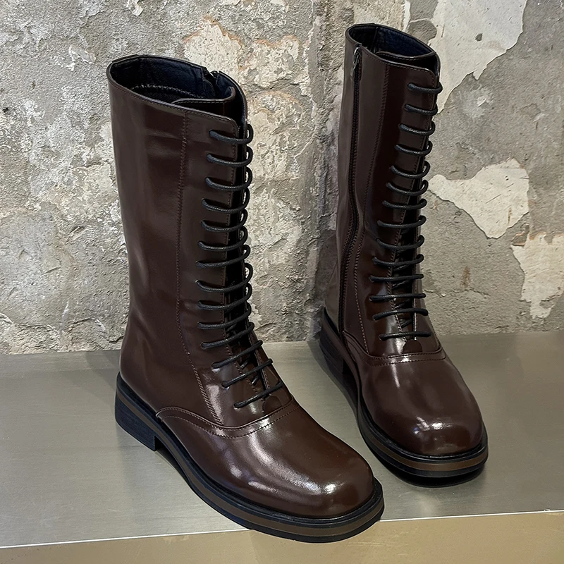Winter Retro Men High Top Knight Boots with Mirror Finish High-end Feel Lace Up Side Zipper Slim Legs Casual Trendy Boots