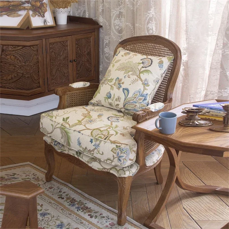 country solid wood jacquard floral cloth single sofa chair retro rattan surface armrest balcony leisure chair salon chair