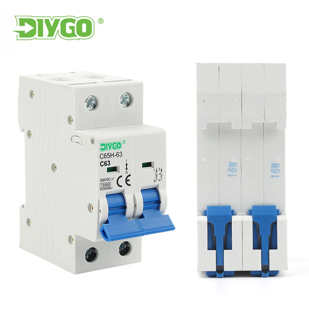 2P DC MCB 6KA 500V Solar Mini Circuit Breaker 6A 10A 16A 20A 25A 32A 40A 50A 63A for PV System Battery Main Switch
