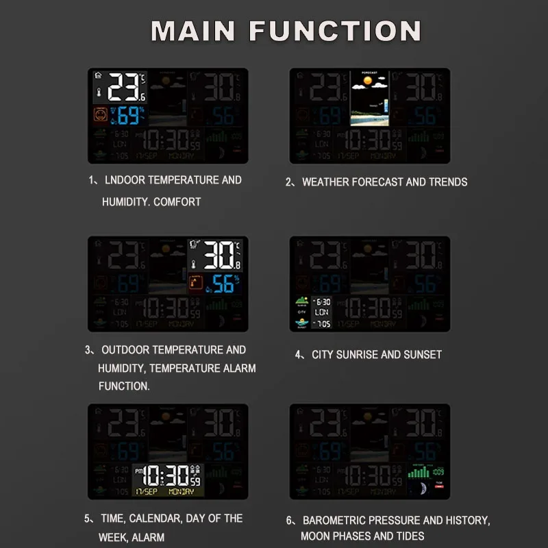 Wireless Weather Station Alarm Clock, Thermometer, Hygrometer, Touch Screen, Sensor, Sunrise and Sunset, Hygrothermograph