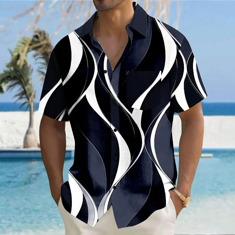 

Men's Abstract Wave 3D Print Shirt Lapel Collar Short Sleeve Casual Button Down Tops for Daily Beach Party Street Men Clothing