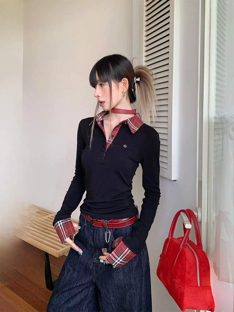 

Slim Fit Ne Plaid Лоскутная футболка Long Sve Женская новая внутренняя одежда Модный топ Quali Корейская версия Осень