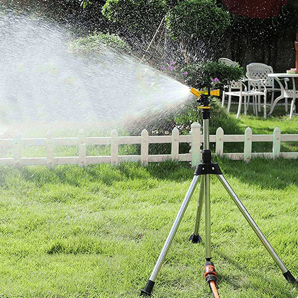 Metal Tripod Sprinkler with Telescopic Height and Rotating Spray for Enhanced Water Coverage in Gardens and Lawns