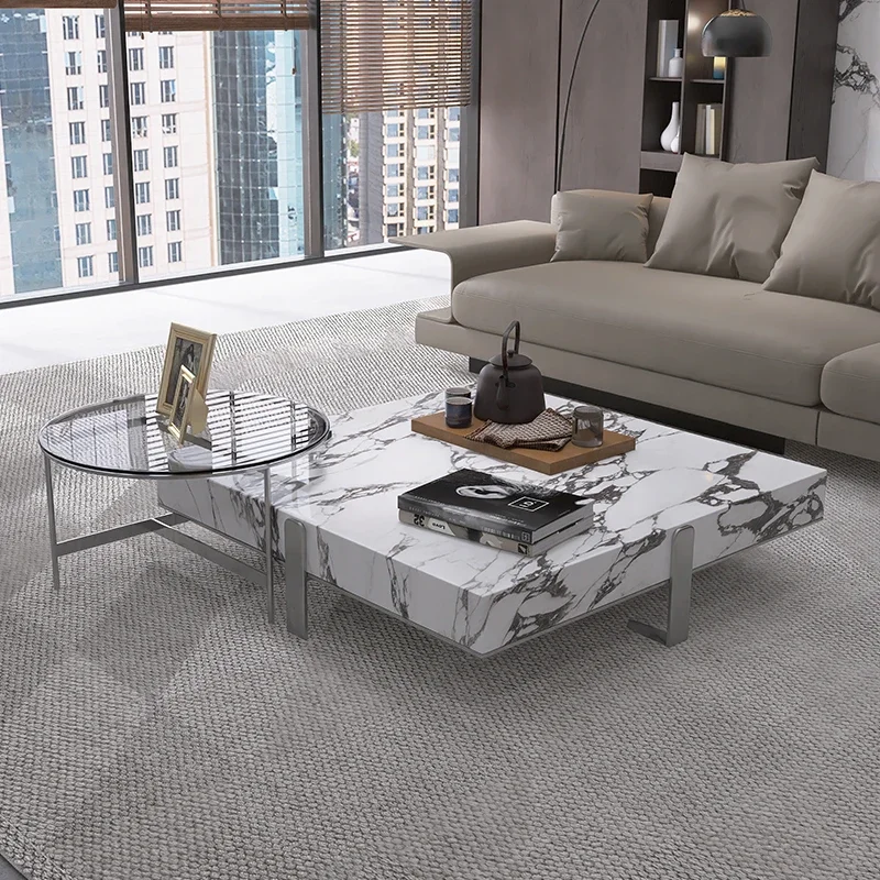 

ss25 Italian minimalist rock slab square coffee table living room home size apartment designer combination