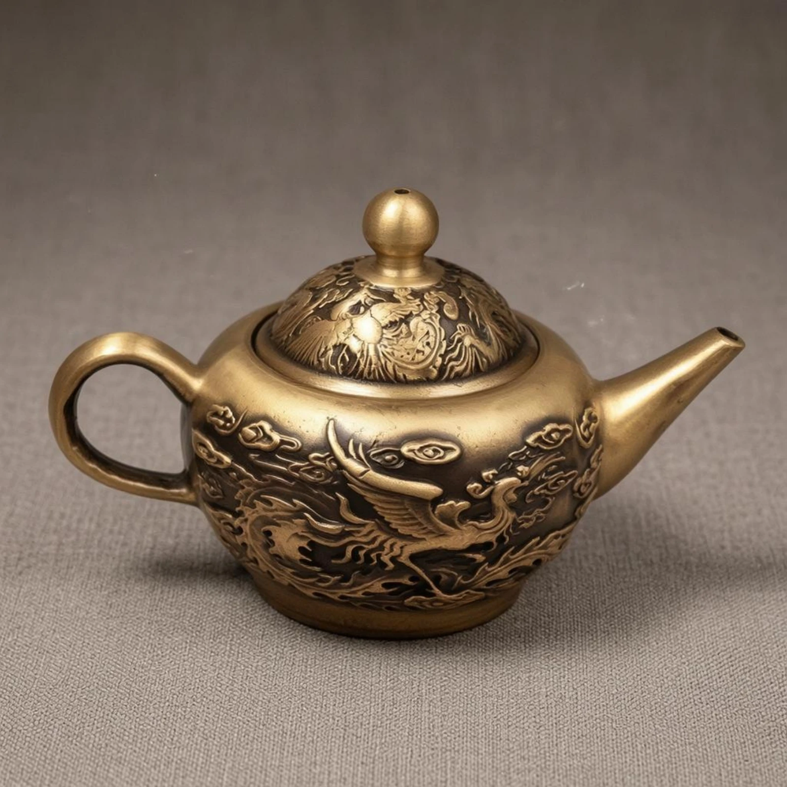 Antique Brass Teapot Ornate Dragon Phoenix Teapot Home Decor Domed Lid Curved Handle