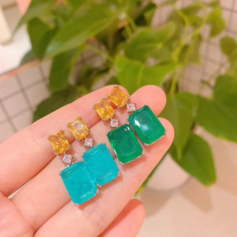 Silver 925 Simple fashion Paraiba gemstone Ear Studs Vintage Style Green Blue Gem Square Earrings for Women Party Jewelry