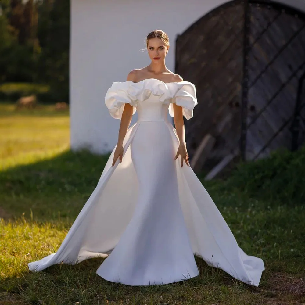 Robe de Mariée Plissée en Satin avec Col Bateau pour Patients, Tenue à Bretelles de Style Sirène, Modeste