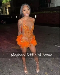 Orange O Neck Short Prom Dresses For Black Girls Bead Crystal 2024 Birthday Luxury Dress Feather Mini Cocktail Homecoming