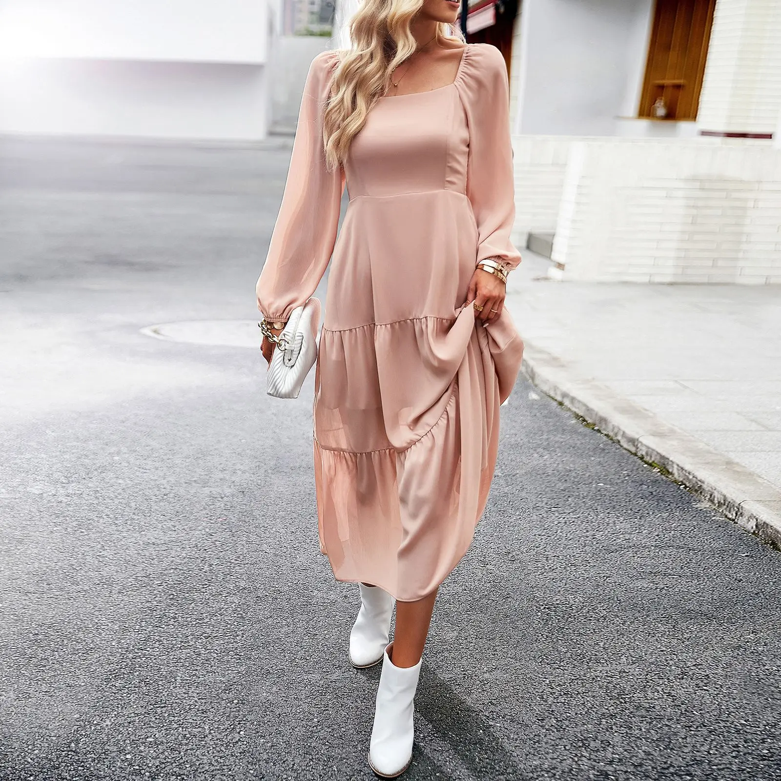 MSFILIA Women's Autumn Winter Solid Color Square Neck Long Sleeve Elegant Dress For Ladies Fashion A Line Chic Dresses