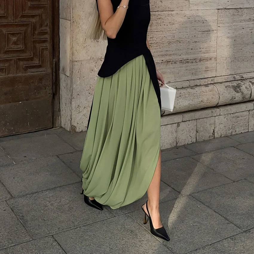 2026 Woman Casual Elastic Waist Straight Skirt Female Fall Street Chic Loose Skirts Commuting Elegant Chiffon Blue Split Long