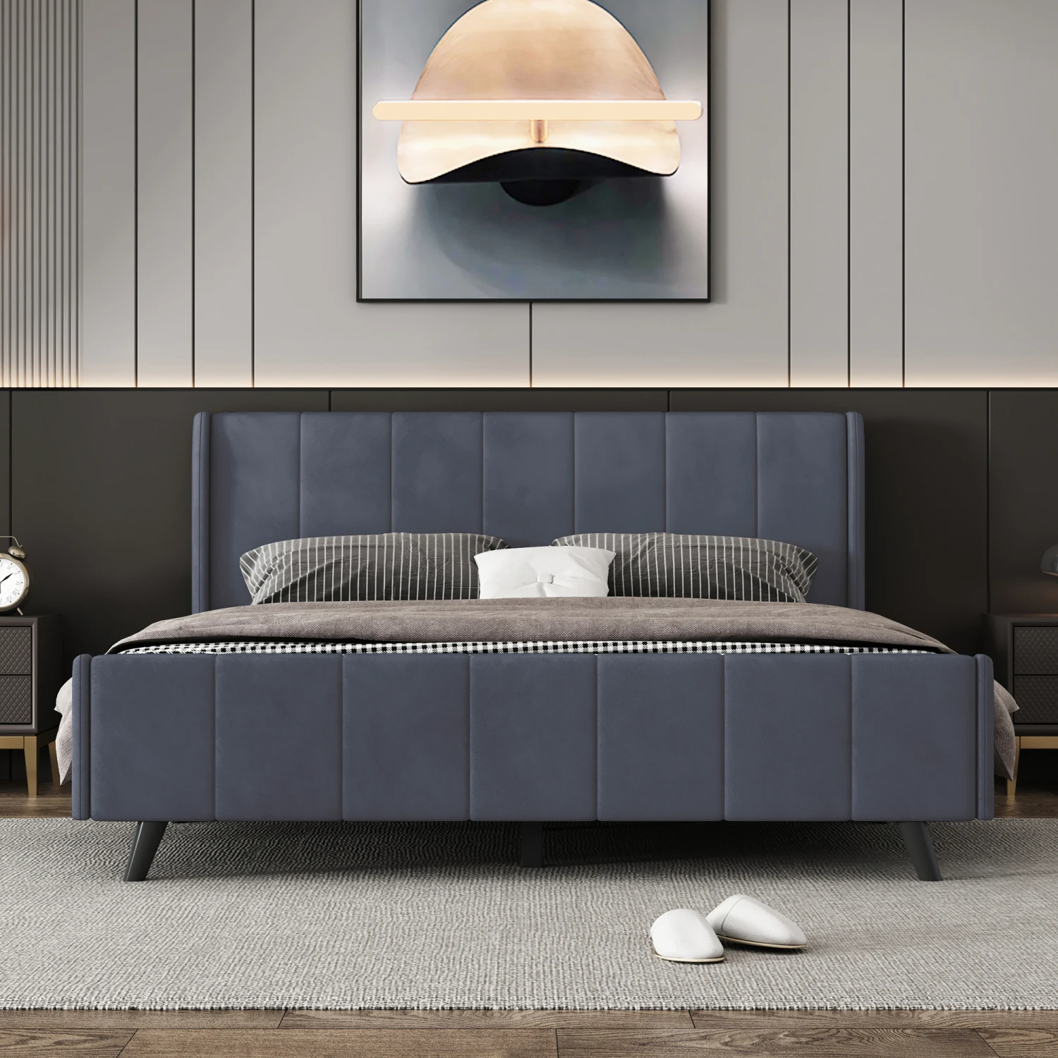 Queen Size Upholstered Platform Bed in Gray Velvet