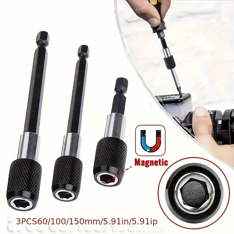 3pcs 1/4 inch hexagonal handle quick release locking batch head extension rod set, with magnetic high hardness material