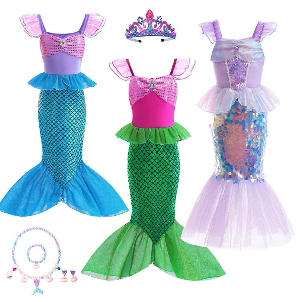 Disfraz de sirena de Halloween para niña, vestido de princesa Ariel, fiesta de fantasía, Carnaval, Roleplay, lentejuelas, faldas de cola de pez, corona